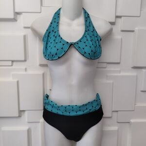 Blue and Black Polka Dot Bikini with Halter Top